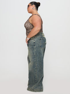 Ribbon Stamp Low Rise Wide Leg Jeans Antique Wash Curve High Rise Jeans Jeans 