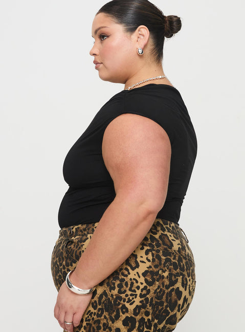 side view of model wearing Princess Polly Beller Bodysuit Black Curve Sleeveless Bodysuit 