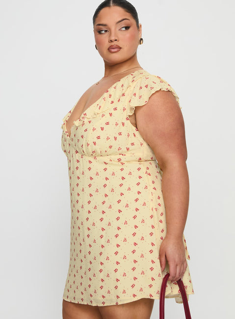 Just Me And You Frill Mini Dress Yellow Floral Curve
