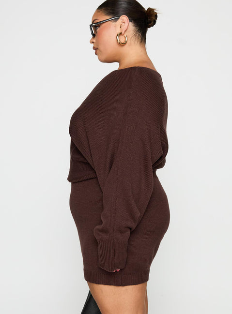 side view of model wearing Princess Polly Bellamie Long Sleeve Mini Dress Chocolate Curve Boat Neck 