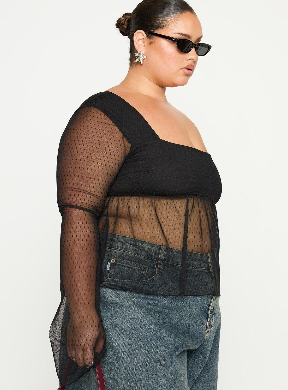 side view of model wearing Princess Polly Fiorello Long Sleeve Top Black Curve Full Sleeves Square Neck 