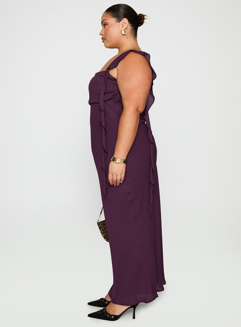 side view of model wearing Princess Polly Lanai Maxi Dress Plum Curve Square Neck 