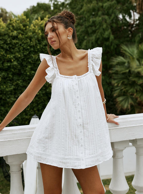front view of model wearing Princess Polly Summerland Broiderie Mini Dress White Square Neck 