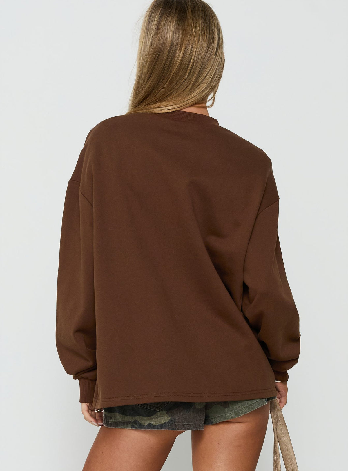 Browse the Opollo V Neck Jumper Brown womens-jumpers designed with long length and oversized fit back view of model wearing Princess Polly