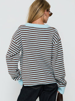 Presenting the Darnelle Button Up Knit Cardigan Mint Chocolate Stripe womens-jumpers with short length back view of model wearing Princess Polly