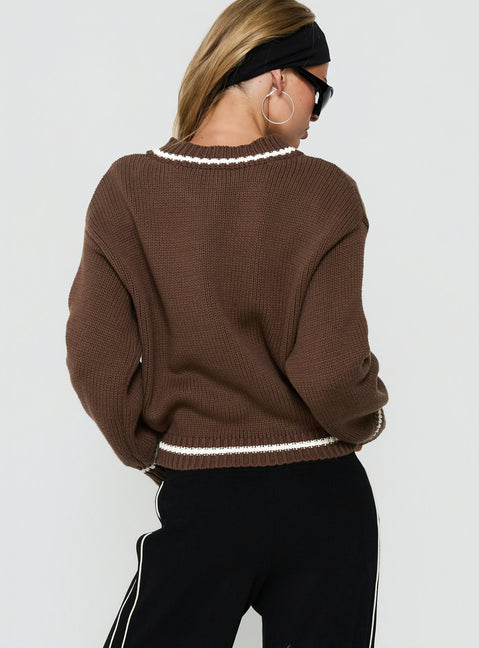 Featuring the Myrandah V Neck Long Sleeve Knit Jumper Chocolate Stripe in womens-jumpers with short length and oversized fit back view of model wearing Princess Polly