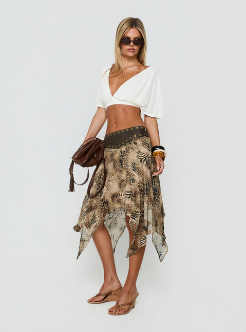 Explore the Dark Mirage Asymmetrical Midi Skirt in Leopard print with relaxed fit and belt detail side view of model wearing Princess Polly