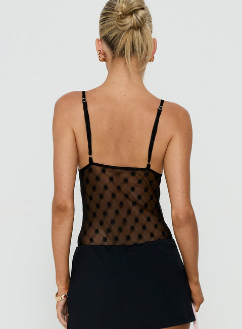 Designed with elegance, the Marlyne Sheer Lace Plunge Neck Bodysuit Black womens-bodysuit in sleeveless form back view of model wearing Princess Polly