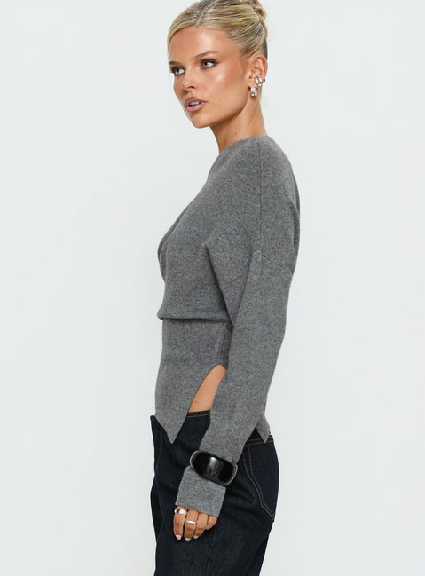Crafted from the Kaelith Off shoulder Knit Sweater Dark Grey in womens-jumpers with short length side view of model wearing Princess Polly