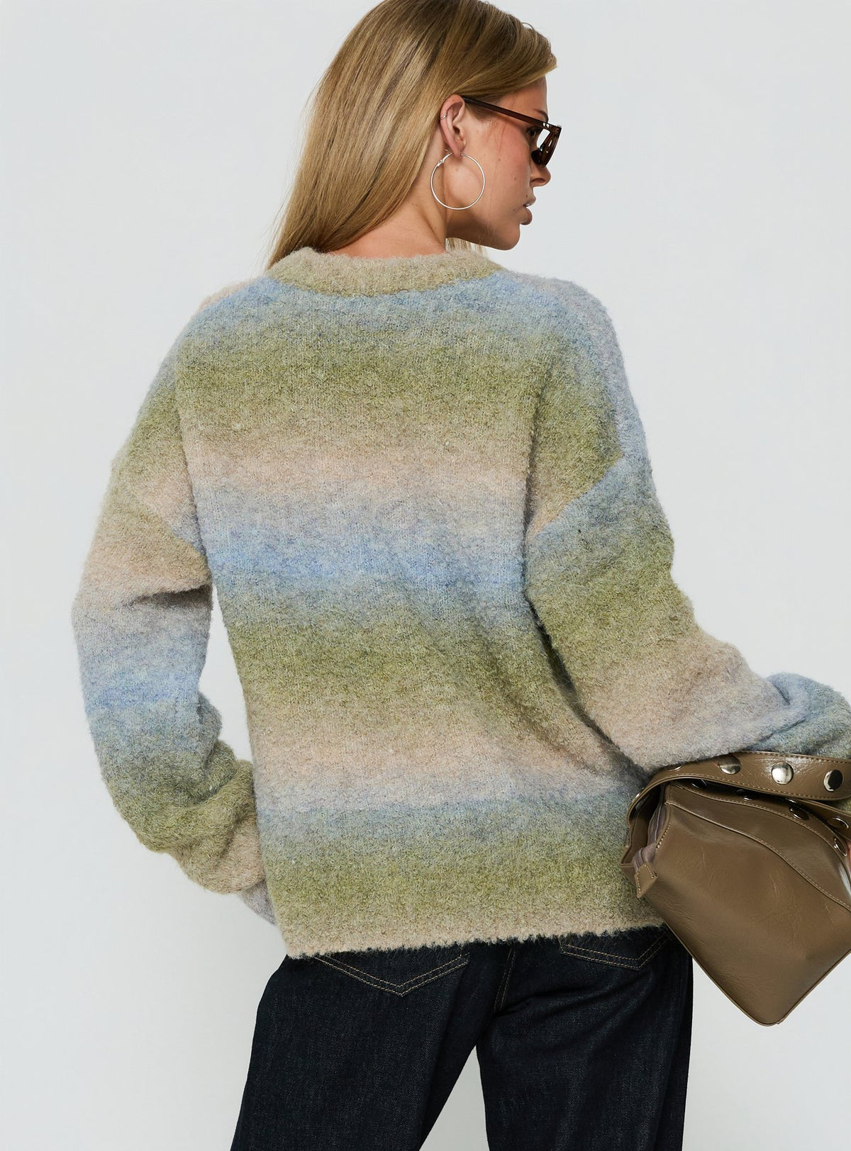 Crafted from soft knit, the Loyalty Jumper Ocean Moss womens-jumpers in oversized short length with striped round neckline back view of model wearing Princess Polly