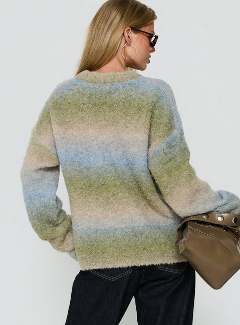 Crafted from soft knit, the Loyalty Jumper Ocean Moss womens-jumpers in oversized short length with striped round neckline back view of model wearing Princess Polly