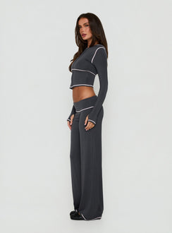 Designed with low-rise the Kimberlyn Jersey Straight Leg Pants Grey womens-regular-pants side view of model wearing Princess Polly