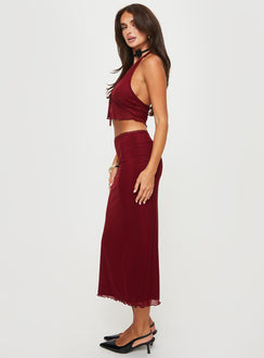 Matching set, mesh material Crop top, halter neck tie, tie fastening at bust Low rise maxi skirt, split hem, lettuce edge hem Good stretch, partially lined