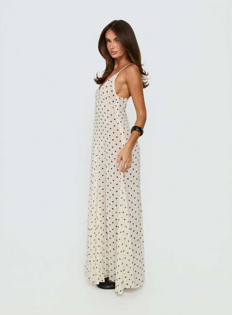 Loulah Sheer Chiffon Maxi Dress Cream Polka Dot