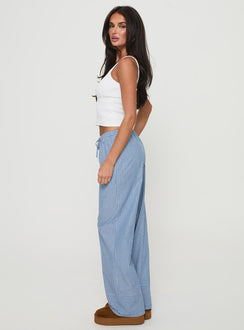 side view of model wearing Princess Polly Veridian Pants Blue Stripe Mid Rise Pants Pants 