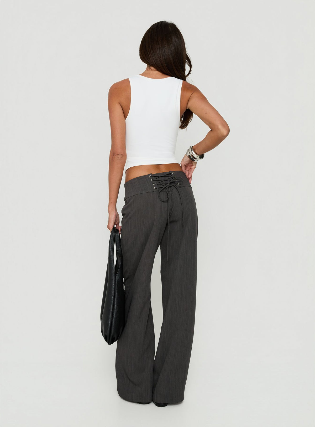 Klarika Lace Up Pants Charcoal womens-regular-pants with high-rise back view of model wearing Princess Polly