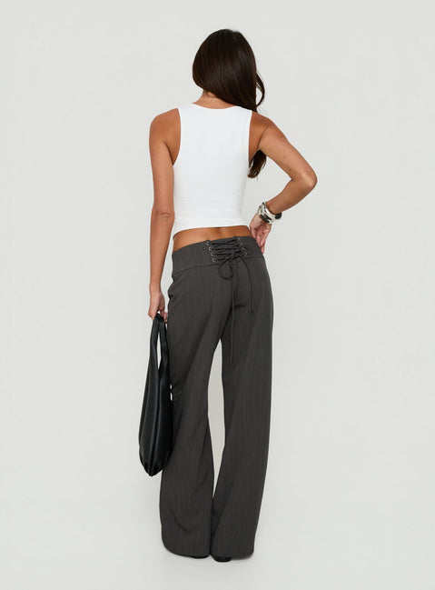 Klarika Lace Up Pants Charcoal womens-regular-pants with high-rise back view of model wearing Princess Polly