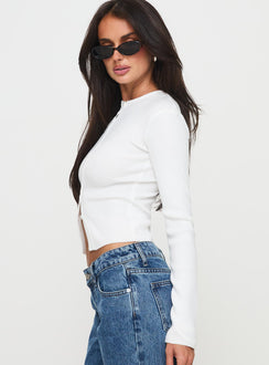 side view of model wearing Princess Polly Suzu Long Sleeve Top White Full Sleeves High Neck 