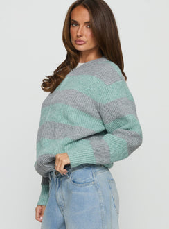 side view of model wearing Princess Polly Queena Zip Through Knit Sweater Grey / Blue Stripe Cropped Jumpers Jumpers 