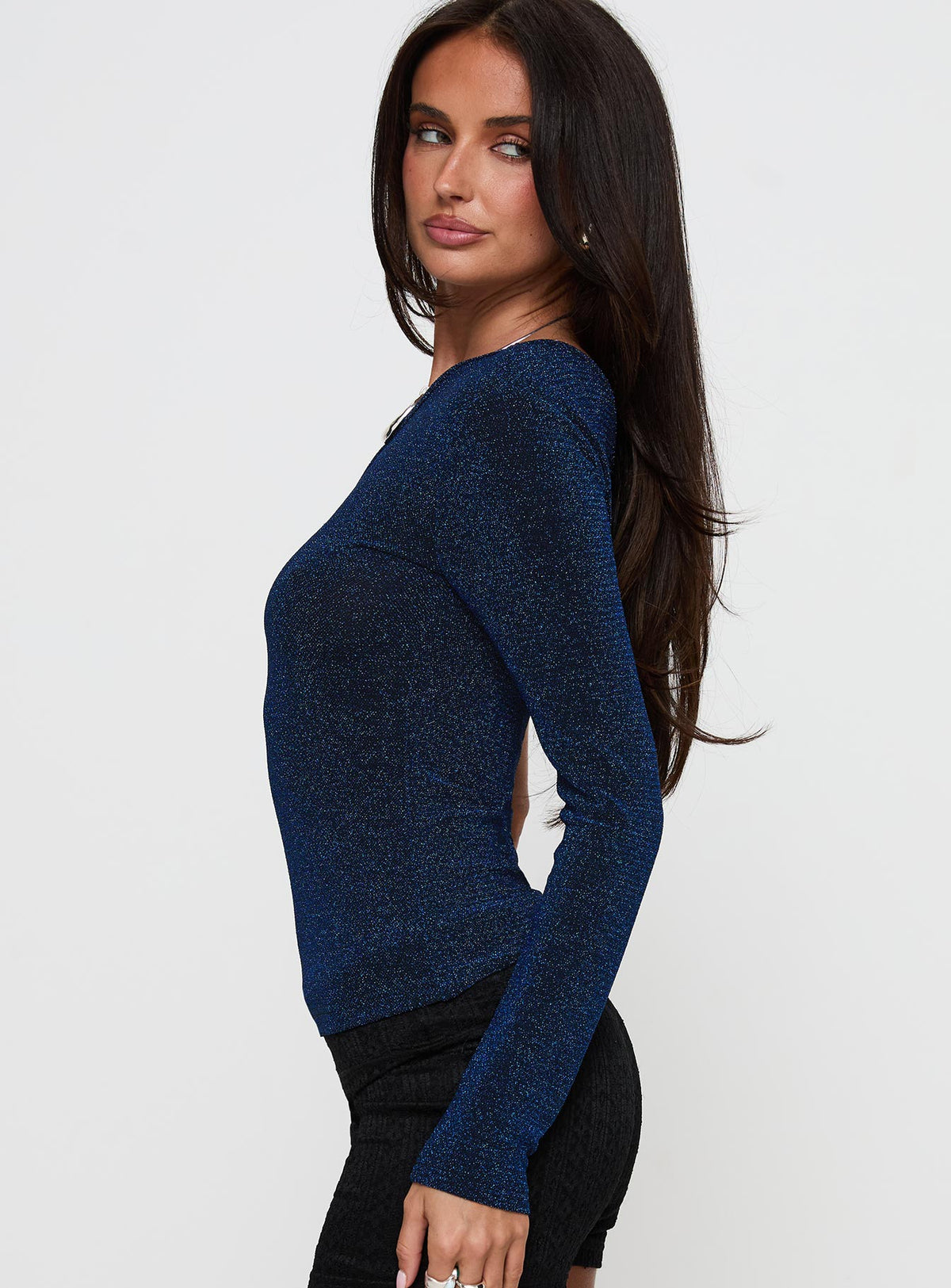 side view of model wearing Princess Polly Dance All Night One Sleeve Top Navy Glitter Sleeveless Asymmetric Neckline 