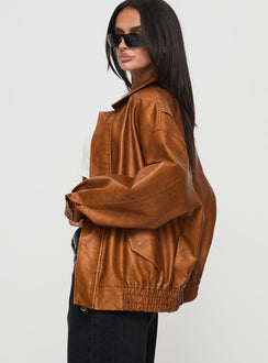 Faux leather bomber jacket Classic collar, zip & button fastening down front, twin hip pockets with press button fastening, elasticated waistband, single button cuff Non-stretch material, fully lined