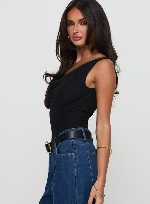 side view of model wearing Princess Polly Axton Cowl Neck Bodysuit Black Sleeveless Bodysuit 