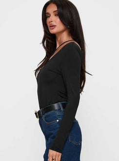 side view of model wearing Princess Polly Play Pretend One Sleeve Bodysuit Black Long Sleeve Tops Bodysuit 
