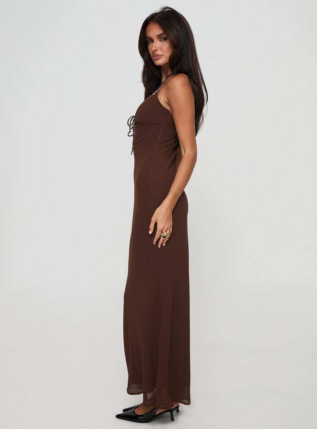 side view of model wearing Princess Polly Moorey Maxi Dress Brown Plunger 