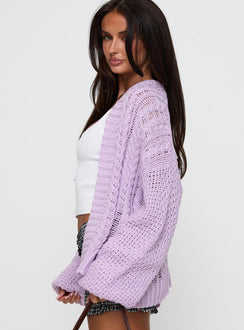 side view of model wearing Princess Polly Abner Cable Cardigan Lilac Longline Jumpers Jumpers 