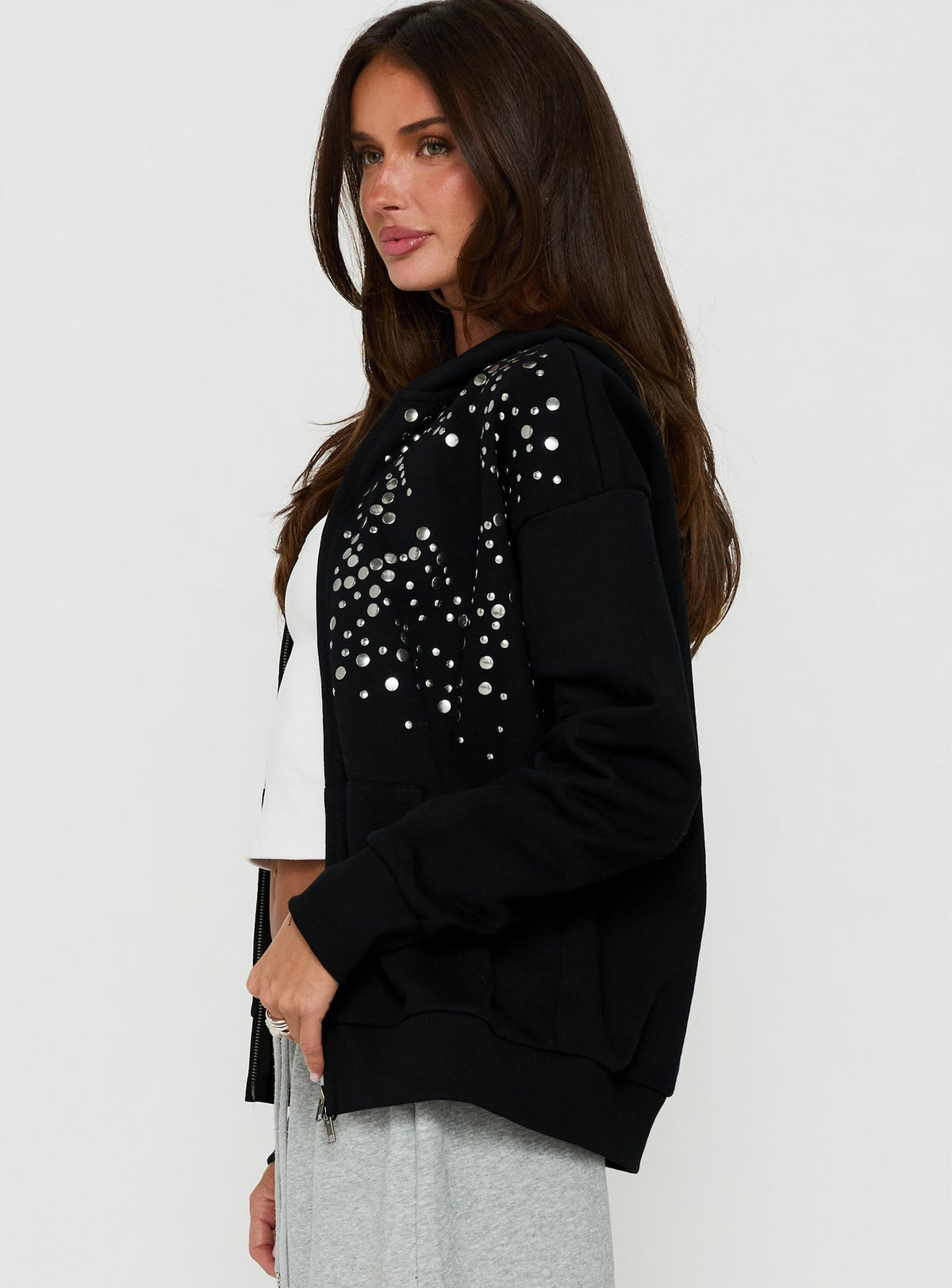 Designed with the All Day Studded Oversized Hoodie Black womens-jumpers in short length side view of model wearing Princess Polly