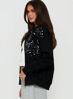 Designed with the All Day Studded Oversized Hoodie Black womens-jumpers in short length side view of model wearing Princess Polly