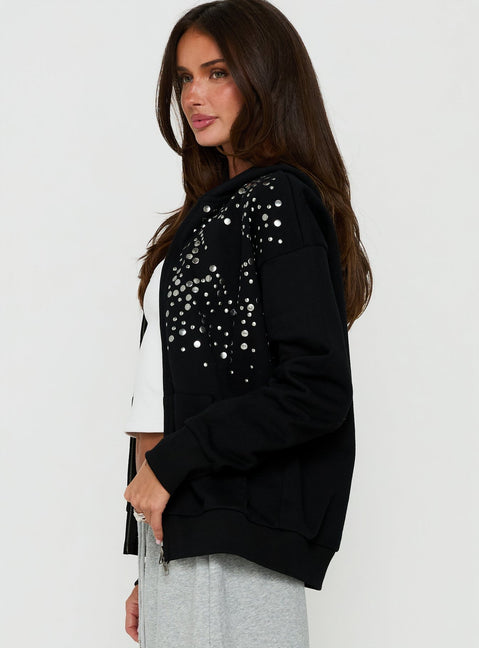 Designed with the All Day Studded Oversized Hoodie Black womens-jumpers in short length side view of model wearing Princess Polly