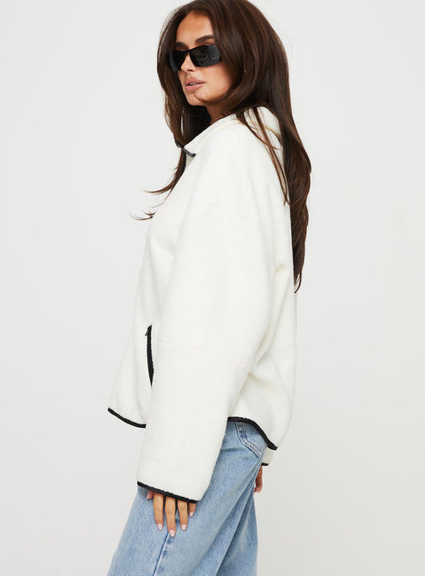 side view of model wearing Princess Polly Samuel Polar Fleece Sweater Cream Jumpers 