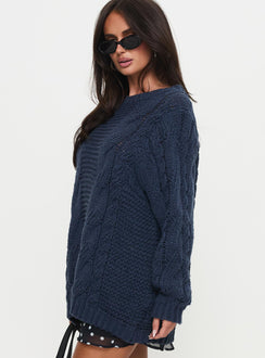 side view of model wearing Princess Polly Gabrieal Knit Sweater Navy Longline Jumpers Jumpers 