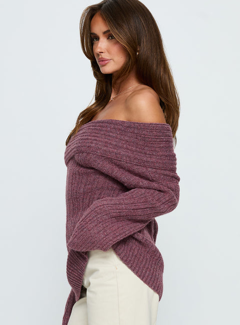 side view of model wearing Princess Polly Snowie Off Shoulder Knit Sweater Burgundy Longline Jumpers Jumpers 