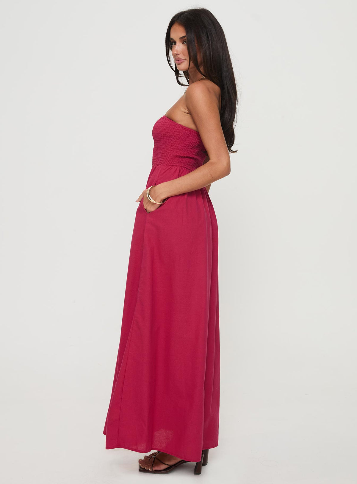 side view of model wearing Princess Polly Dayona Strapless Maxi Dress Red Straight Neck 