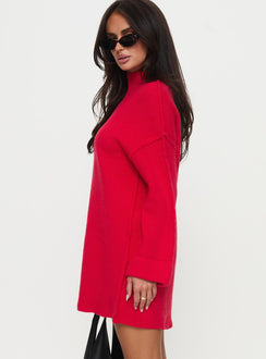 side view of model wearing Princess Polly Weslie Long Sleeve Knit Mini Dress Red High Neck 