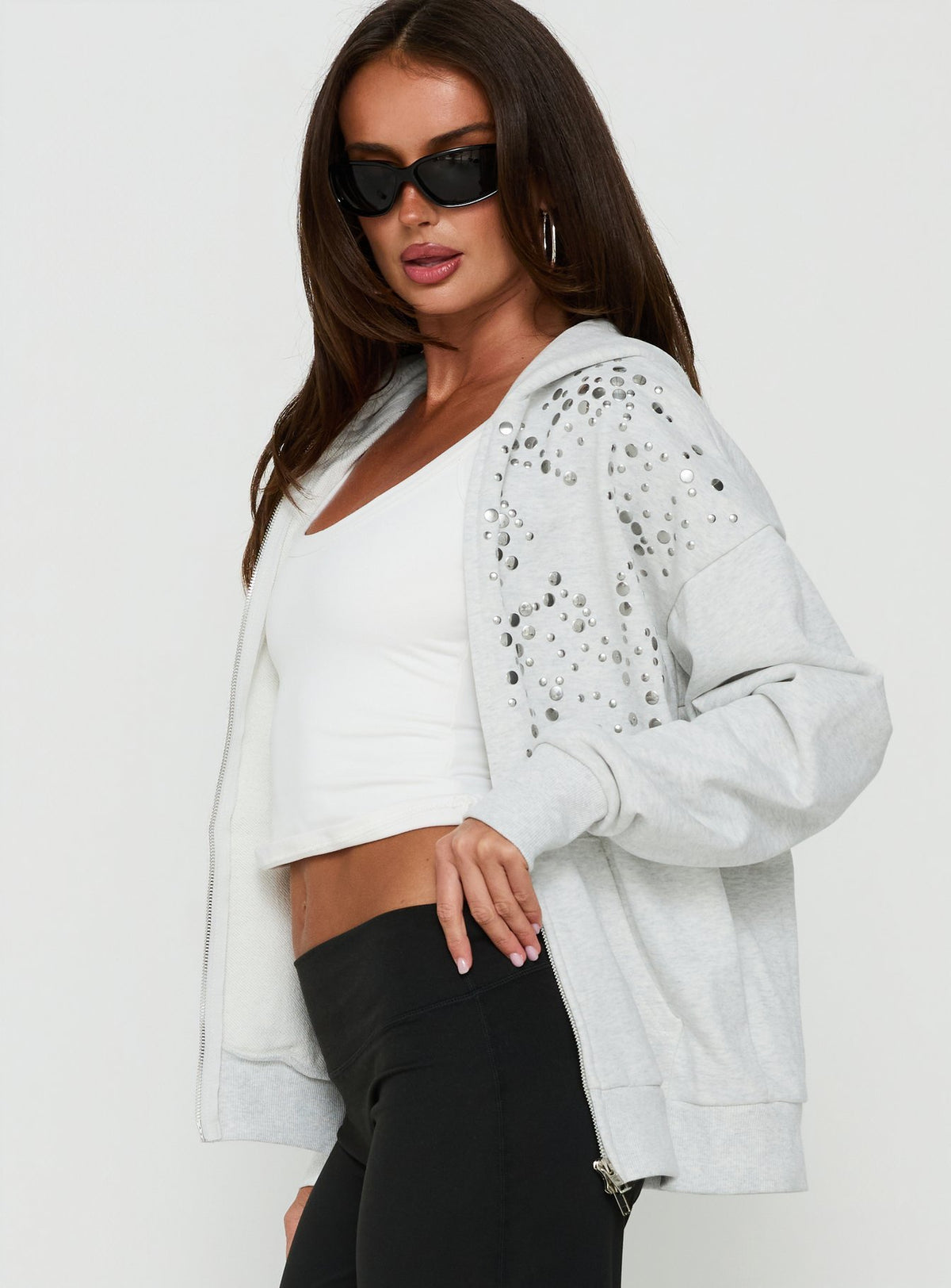 Explore the All Day Studded Oversized Hoodie Grey Marle in womens-jumpers with short length side view of model wearing Princess Polly