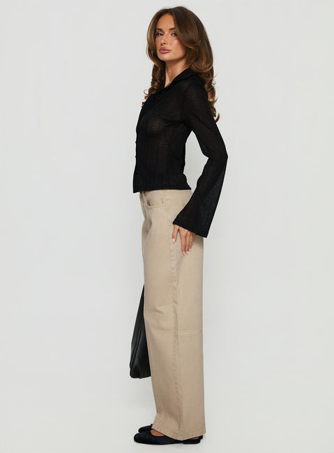 side view of model wearing Princess Polly Lando Low Rise Straight Leg Jeans Tan Mid Rise Jeans Jeans 