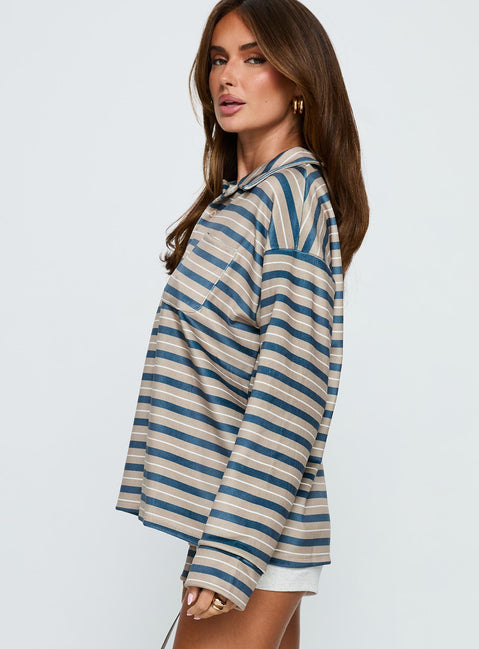 Designed with Mystris Collared Jumper Khaki Stripe womens-jumpers in long oversized fit side view of model wearing Princess Polly