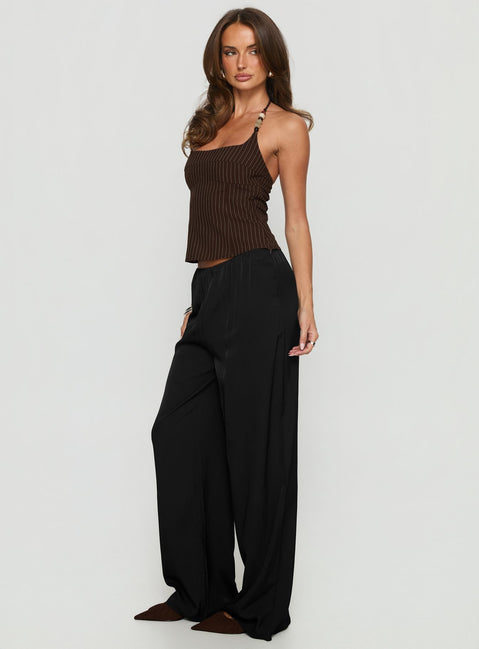 side view of model wearing Princess Polly Breina Satin Straight Leg Pants Black High Rise Pants Pants 