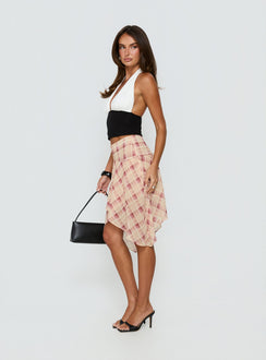   side view of model wearing Princess Polly Natana Asymmetrical Midi Skirt Multi Check Skirts 
