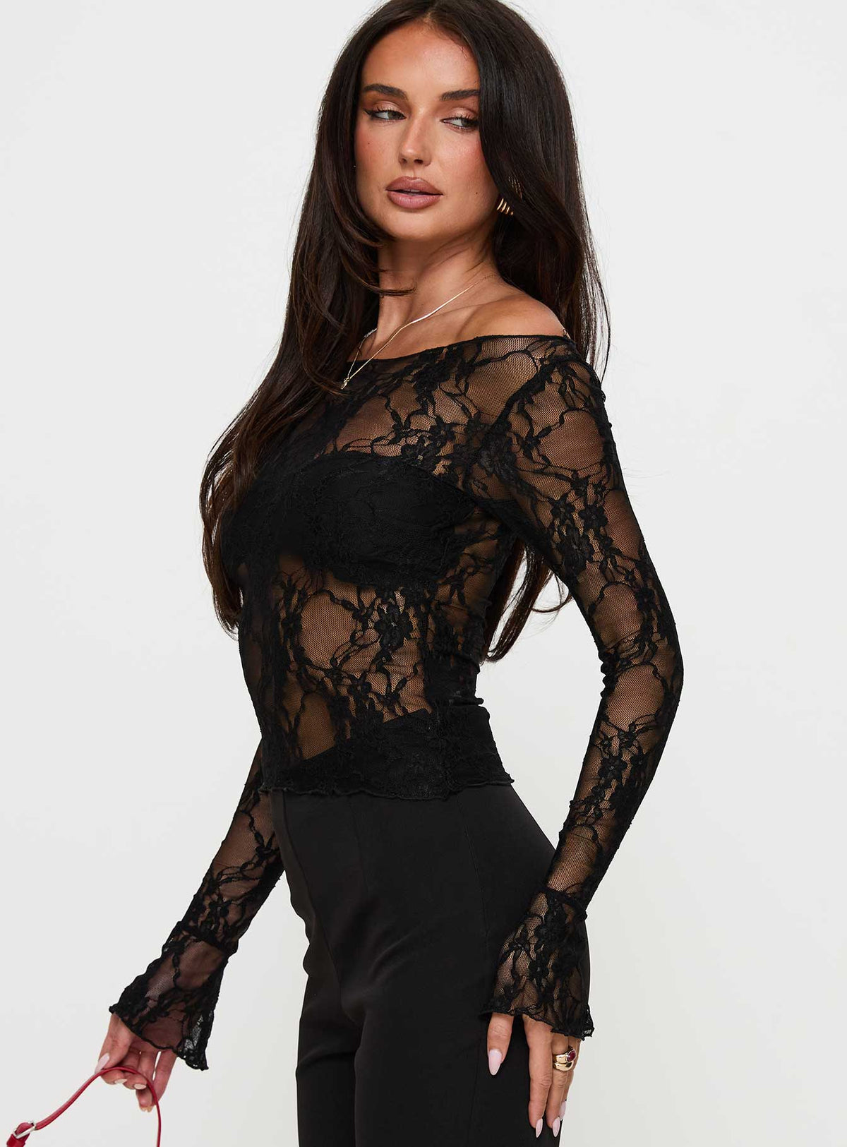 side view of model wearing Princess Polly Junah Sheer Lace Long Sleeve Top Black Full Sleeves Boat Neck 