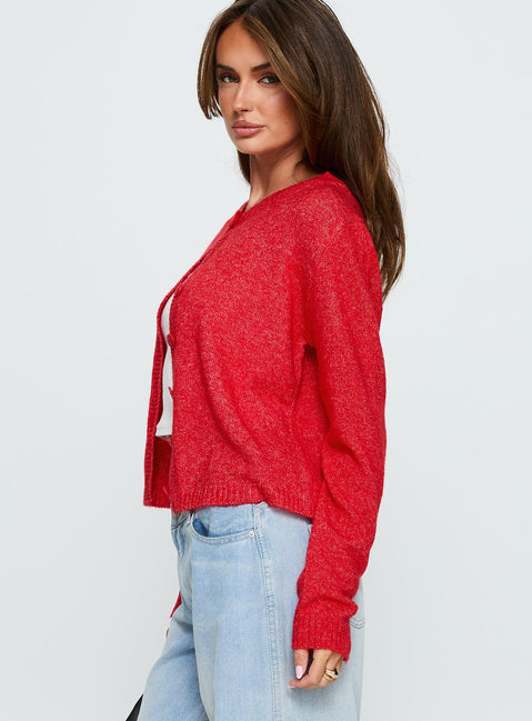 side view of model wearing Princess Polly Denmark Cardigan Red cropped Jumpers 