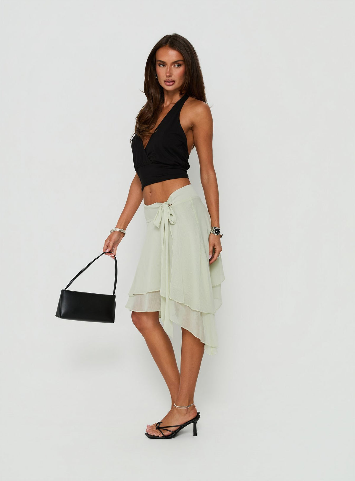 Elegant Ophella Tie Waist Chiffon Midi Skirt Sage womens-skirts side view of model wearing Princess Polly