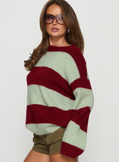 side view of model wearing Princess Polly Nesha Fluffy Knit Sweater Red / Blue Stripe Jumpers 