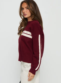 side view of model wearing Princess Polly Catherin Crew Neck Knit Sweater Red / White Cropped Jumpers Jumpers 