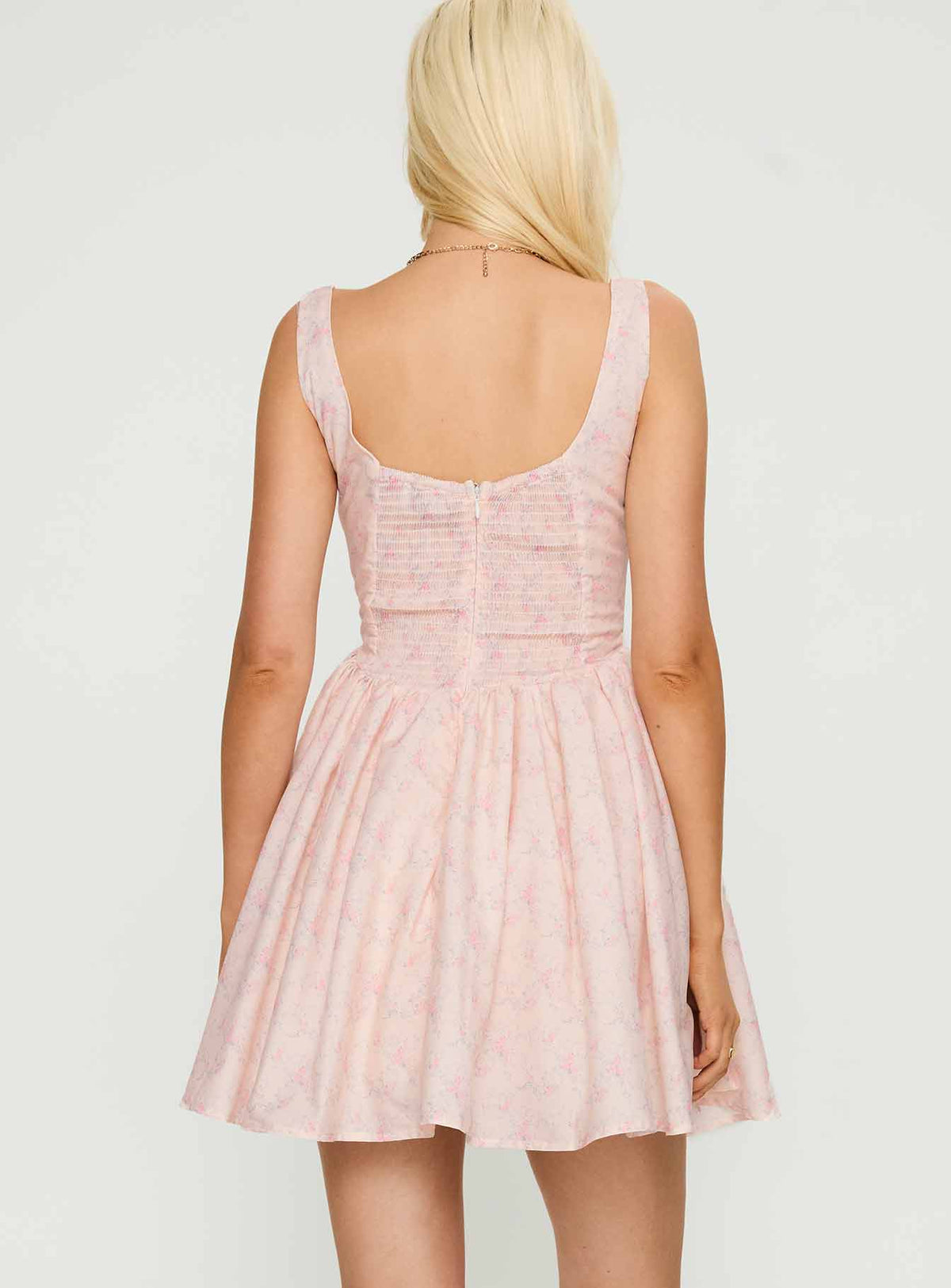 back view of model wearing Princess Polly Bridgitte Corset Mini Dress Floral Square Neck 