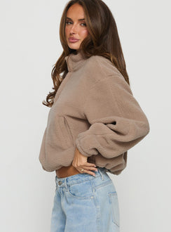 side view of model wearing Princess Polly Icy Days Fleece Quarter Zip Jumper Light Brown Cropped Jumpers Jumpers 