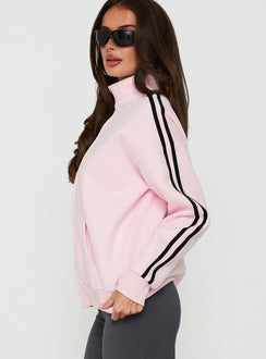Highlighting the Keeran Funnel Neck Fleece Jumper Pink / Black womens jumpers with long length side view of model wearing Princess Polly